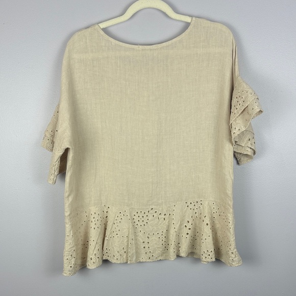 Valentina Naldi 100% Linen Cotton Cream Eyelet Ruffle Sleeves Hem Large Blouse - Picture 7 of 8